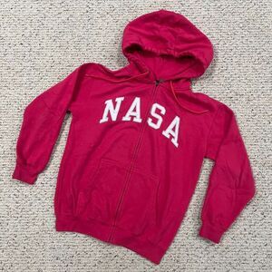 Women's Fuchsia Pink Embroidered NASA Long Sleeve Zipper Hoodie Sweatshirt Small